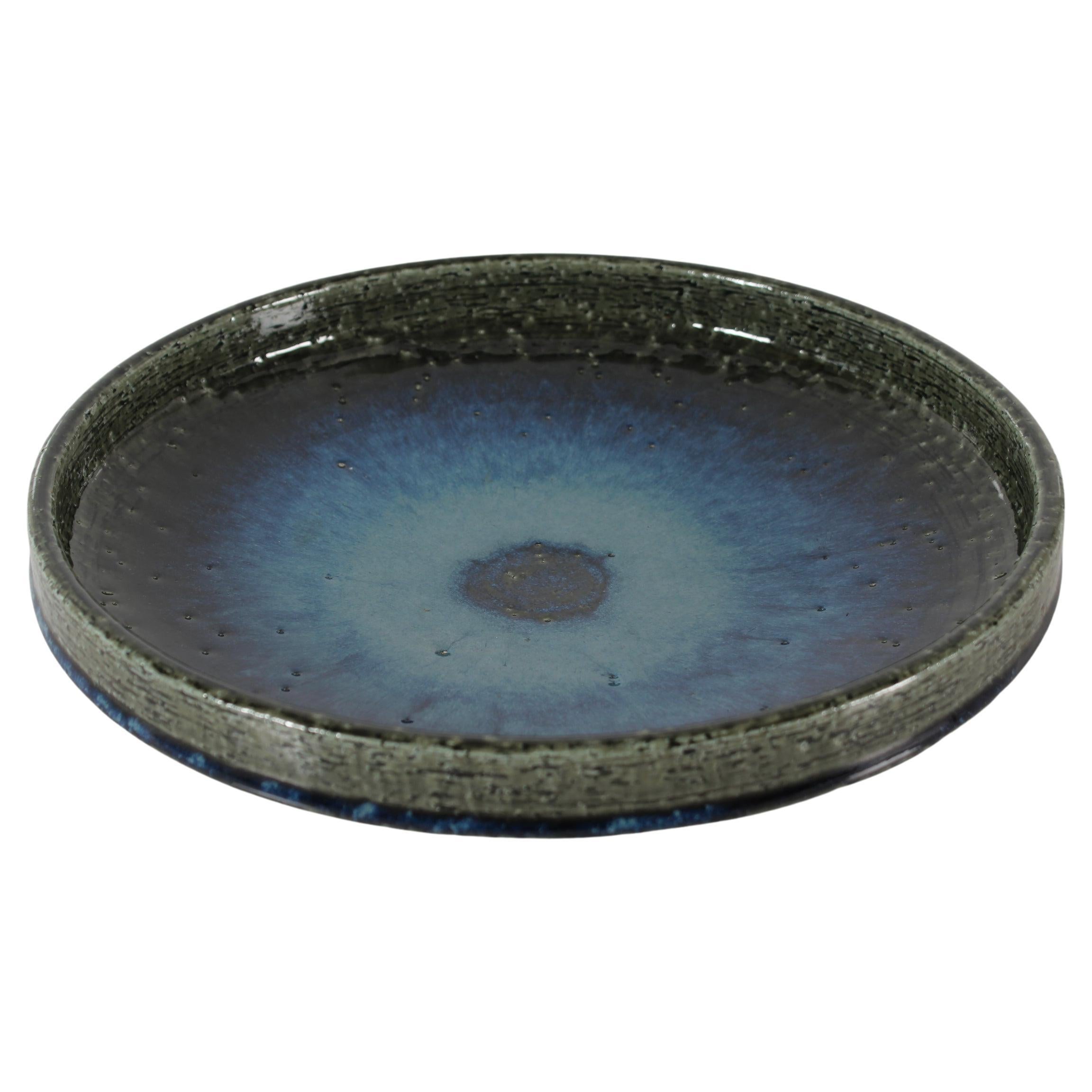 Large Palshus Danish Mid-century Low Bowl with Blue Green Glaze Chamotte Ceramic For Sale