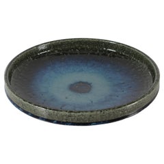 Large Palshus Danish Mid-century Low Bowl with Blue Green Glaze Chamotte Ceramic
