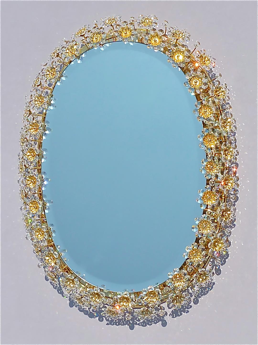 Large Palwa Backlit Mirror Oval Gilt Faceted Crystal Glass Flower Bouquet 1970s For Sale 3