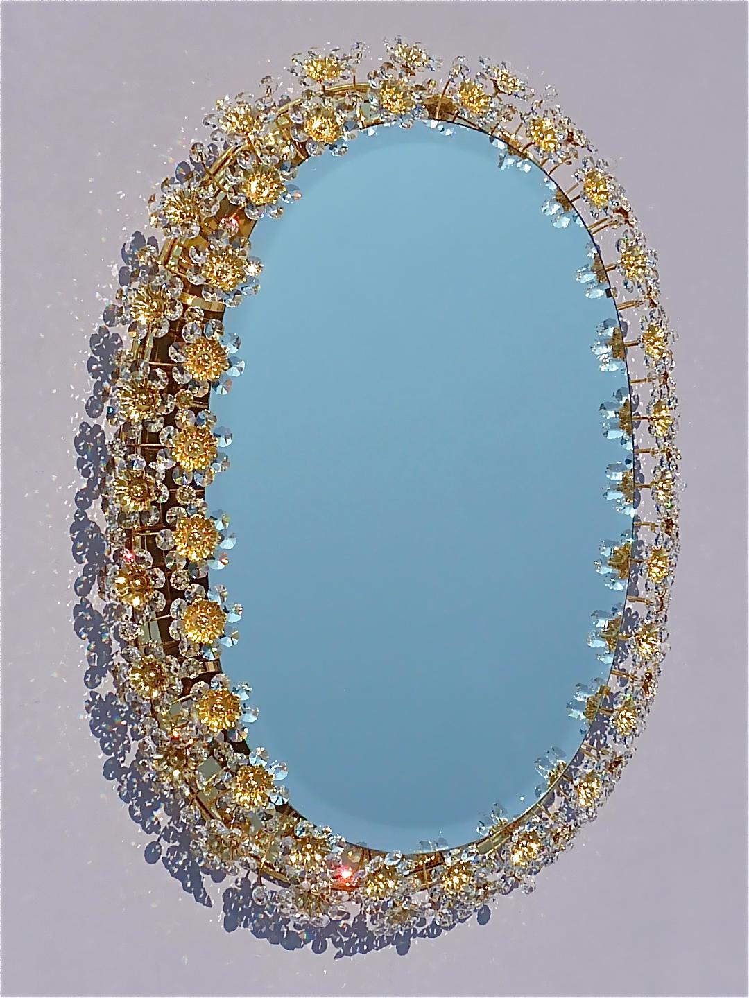 Large Palwa Backlit Mirror Oval Gilt Faceted Crystal Glass Flower Bouquet 1970s For Sale 4