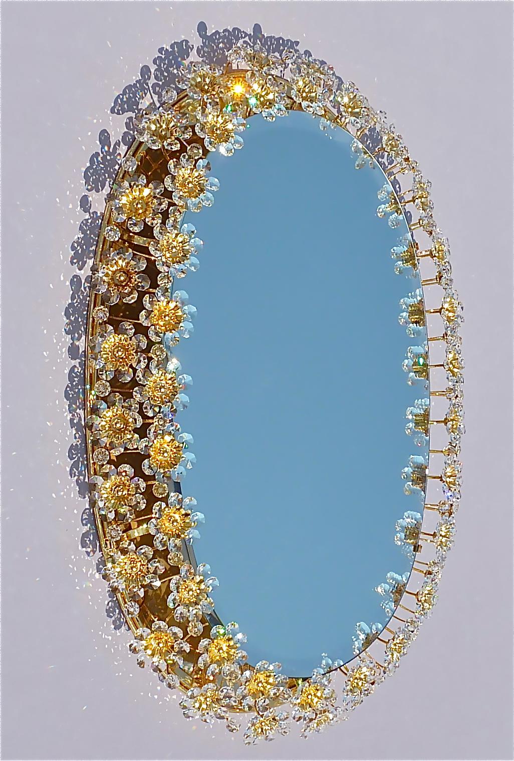 Large Palwa Backlit Mirror Oval Gilt Faceted Crystal Glass Flower Bouquet 1970s For Sale 5