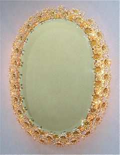 Large Palwa Backlit Mirror Oval Gilt Faceted Crystal Glass Flower Bouquet 1970s