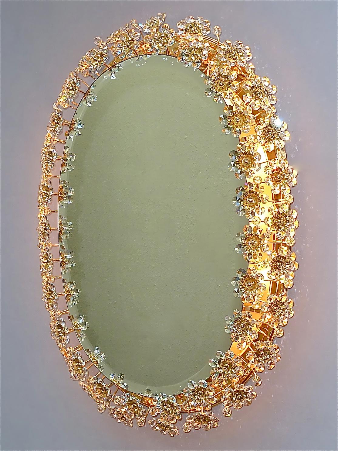 Hollywood Regency Large Palwa Backlit Mirror Oval Gilt Faceted Crystal Glass Flower Bouquet 1970s For Sale