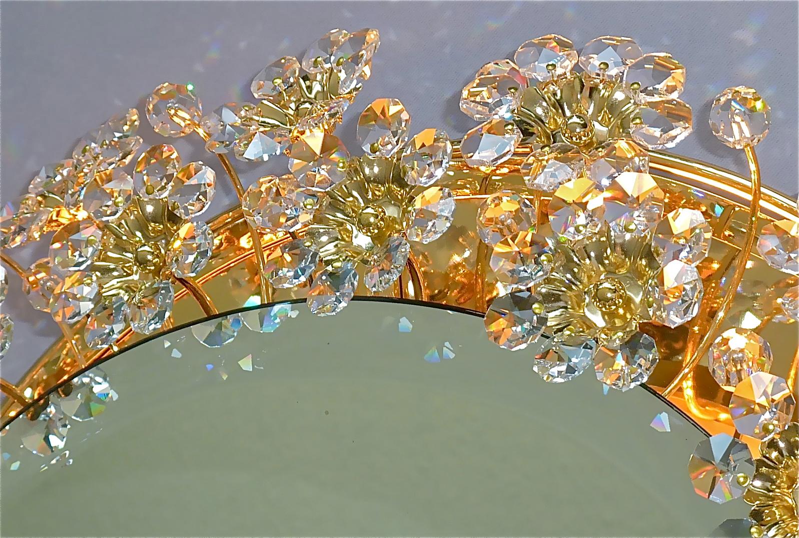 German Large Palwa Backlit Mirror Oval Gilt Faceted Crystal Glass Flower Bouquet 1970s For Sale