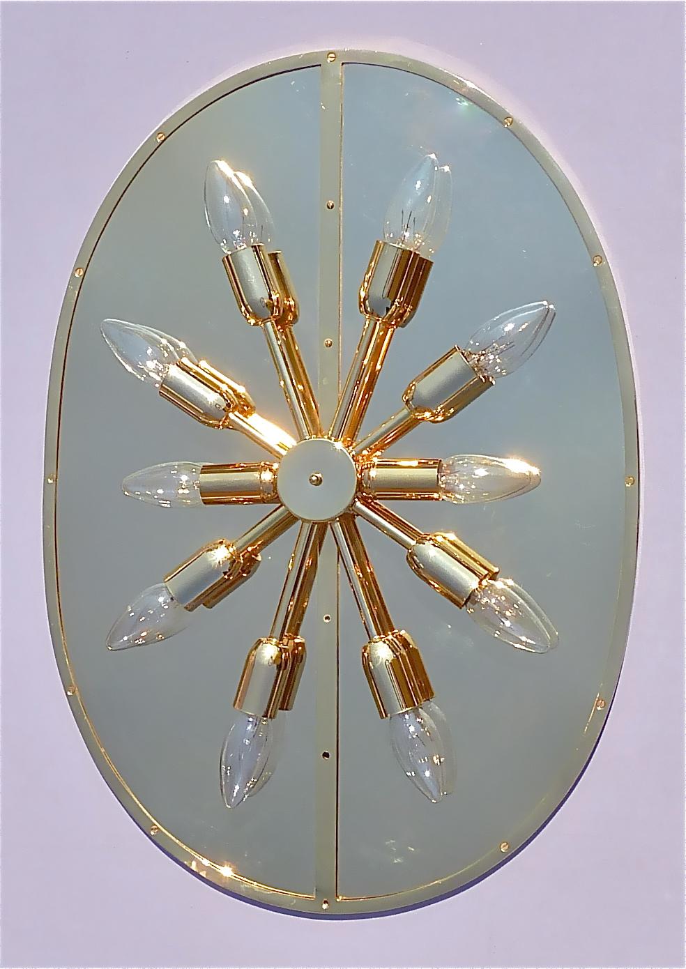 Metal Large Palwa Backlit Mirror Oval Gilt Faceted Crystal Glass Flower Bouquet 1970s For Sale