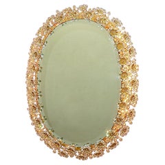 Vintage Large Palwa Backlit Mirror Oval Gilt Faceted Crystal Glass Flower Bouquet 1970s