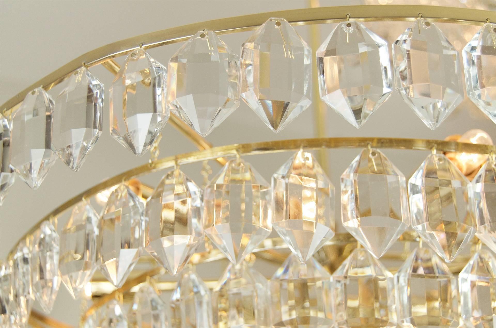 Mid-Century Modern Large Palwa Brass and Crystal Chandelier For Sale