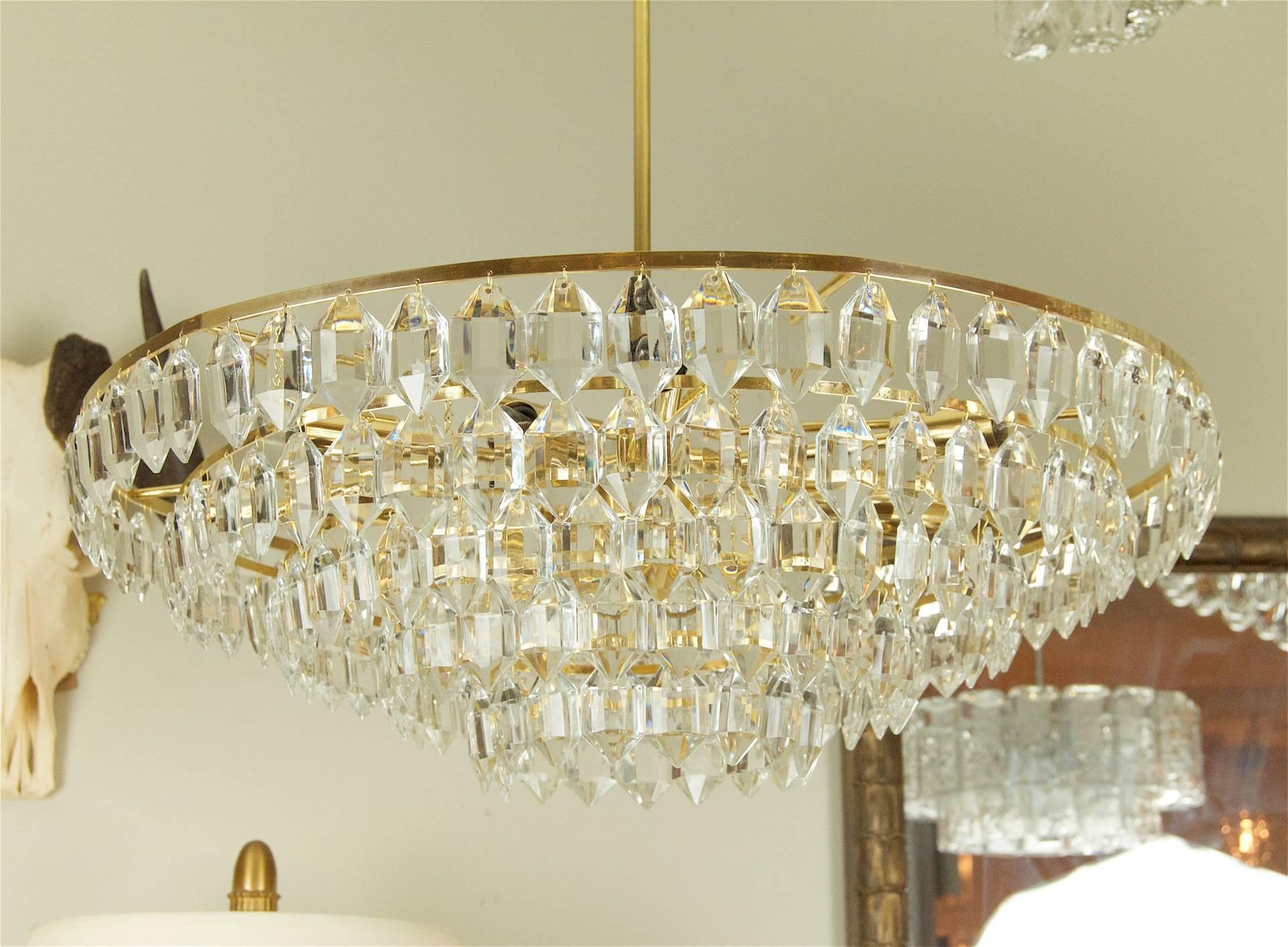 Large Palwa Brass and Crystal Chandelier In Good Condition For Sale In Stamford, CT