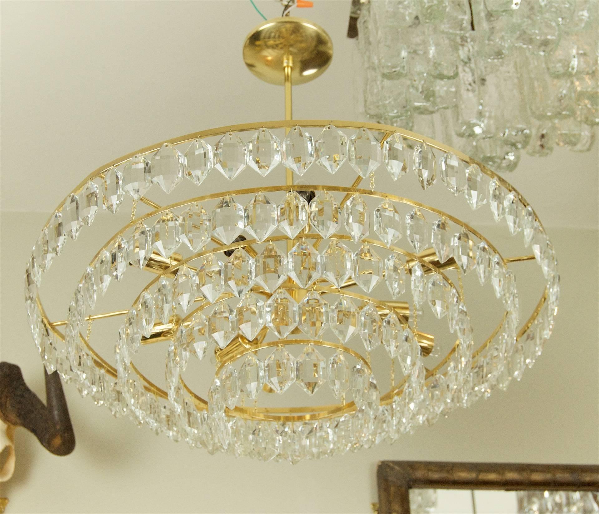 Mid-20th Century Large Palwa Brass and Crystal Chandelier For Sale