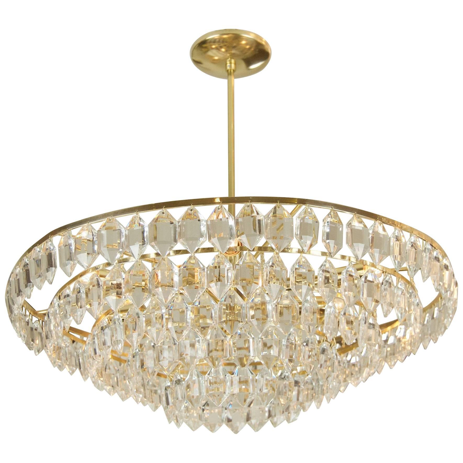 Large Palwa Brass and Crystal Chandelier For Sale