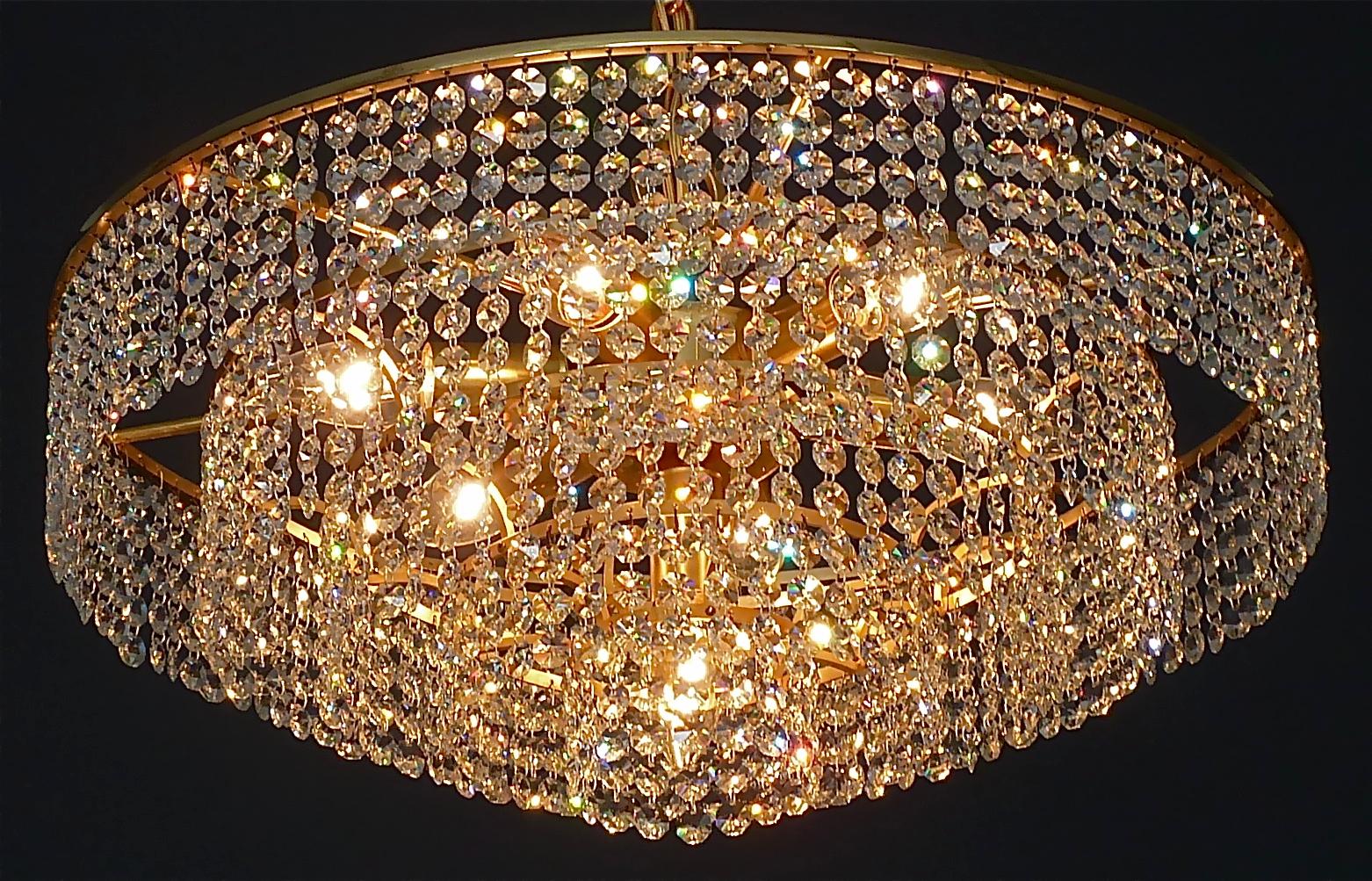 Large Palwa Cascading Chandelier Gilt Brass Faceted Crystal Glass Germany, 1960s 10