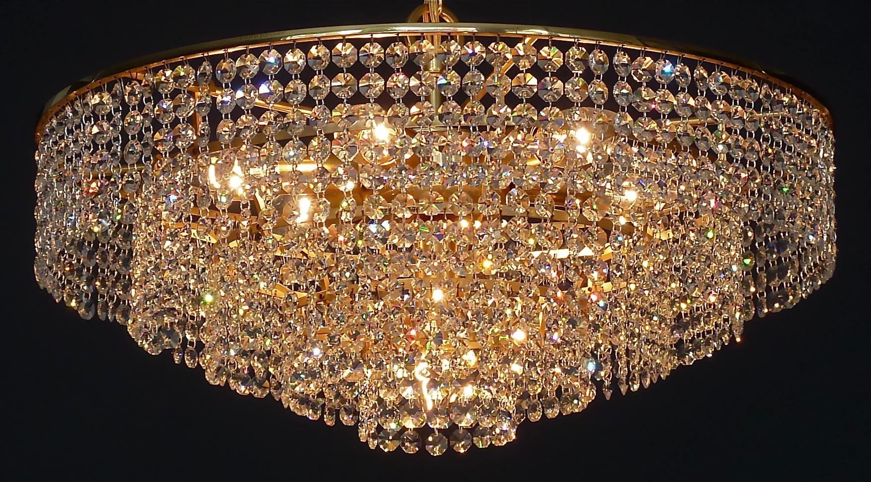 Large Palwa Cascading Chandelier Gilt Brass Faceted Crystal Glass Germany, 1960s 11