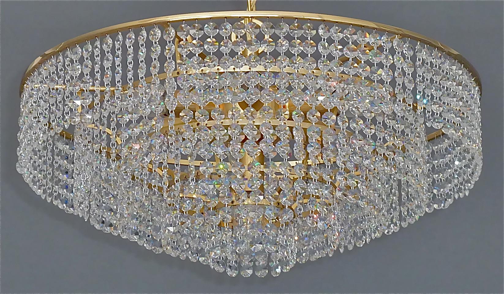 Mid-Century Modern Large Palwa Cascading Chandelier Gilt Brass Faceted Crystal Glass Germany, 1960s