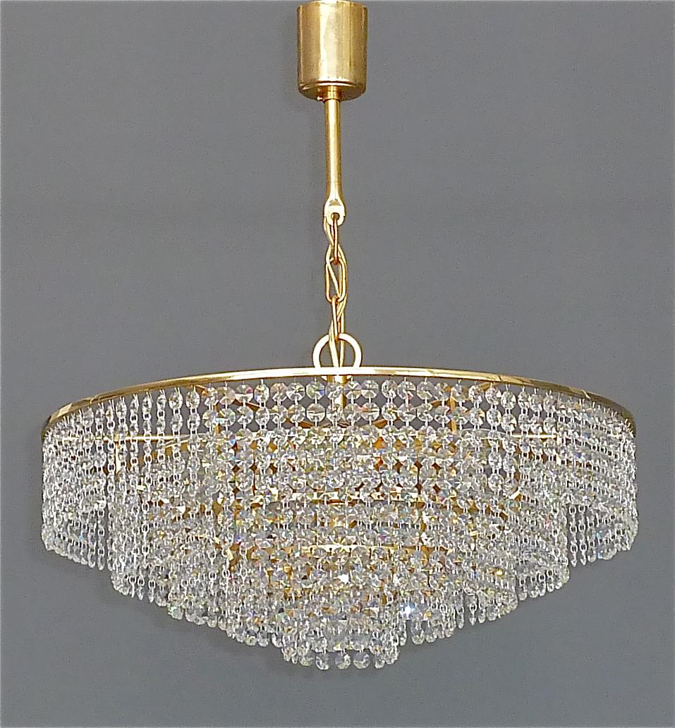Mid-20th Century Large Palwa Cascading Chandelier Gilt Brass Faceted Crystal Glass Germany, 1960s