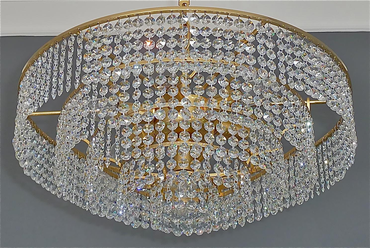 Large Palwa Cascading Chandelier Gilt Brass Faceted Crystal Glass Germany, 1960s 2