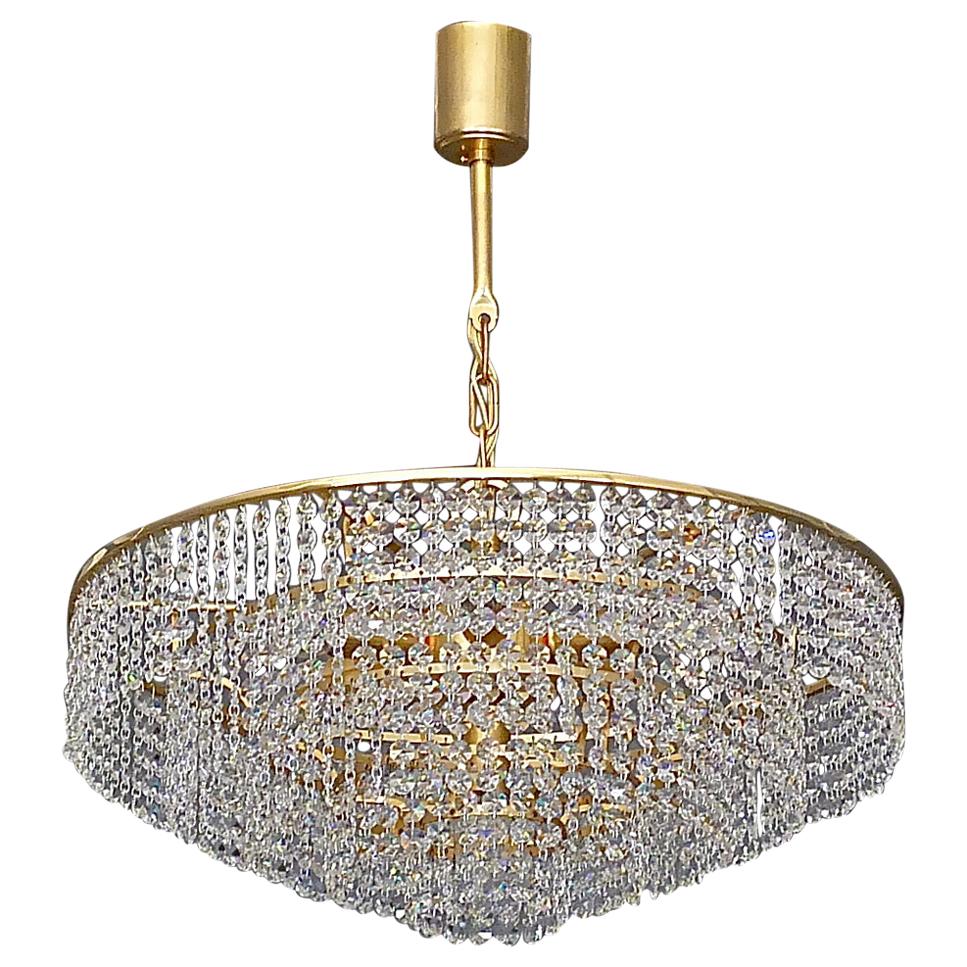 Large Palwa Cascading Chandelier Gilt Brass Faceted Crystal Glass Germany, 1960s