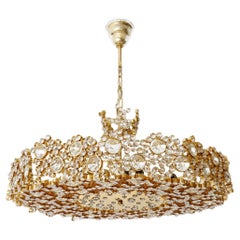 Large Palwa Chandelier or Pendant Light, Gilt Brass Cut Crystal Glass, 1970s Large Palwa Chandelier or Pendant Light, Gilt Brass Cut Crystal Glass, 1970s