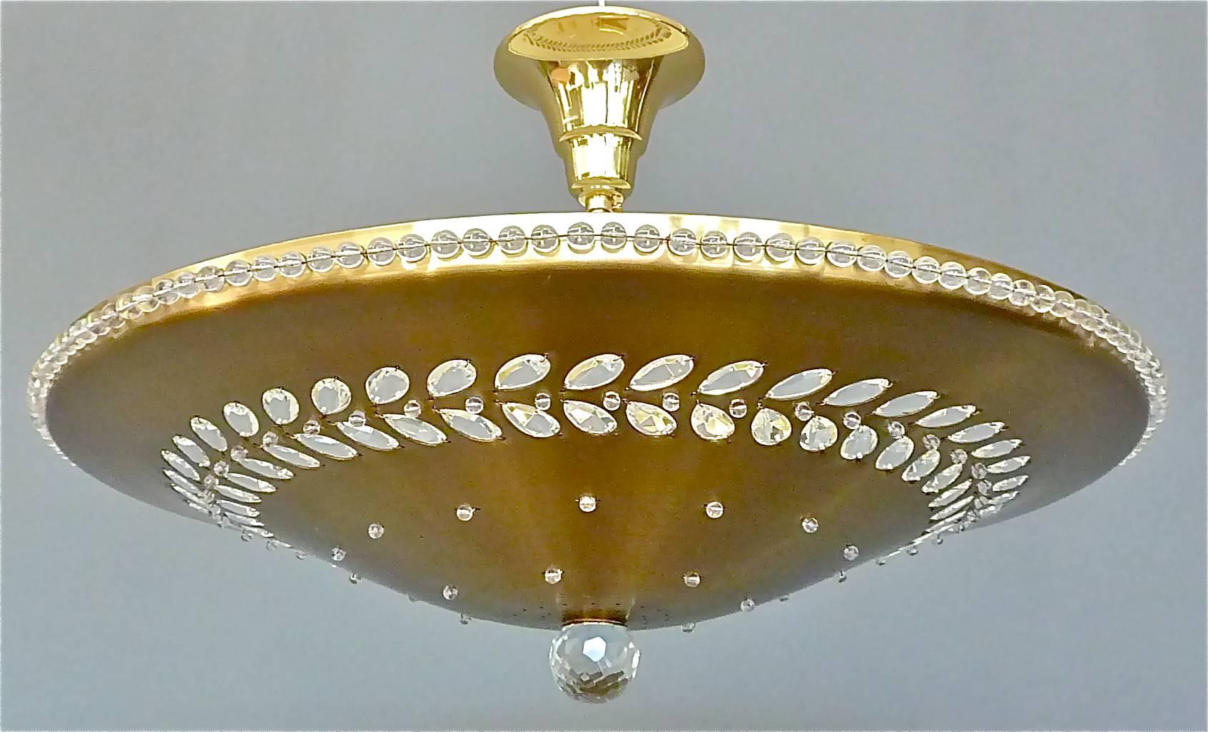 Faceted Large 1950s Palwa Flush Mount Chandelier Brass Glass Paavo Tynell Kalmar Style