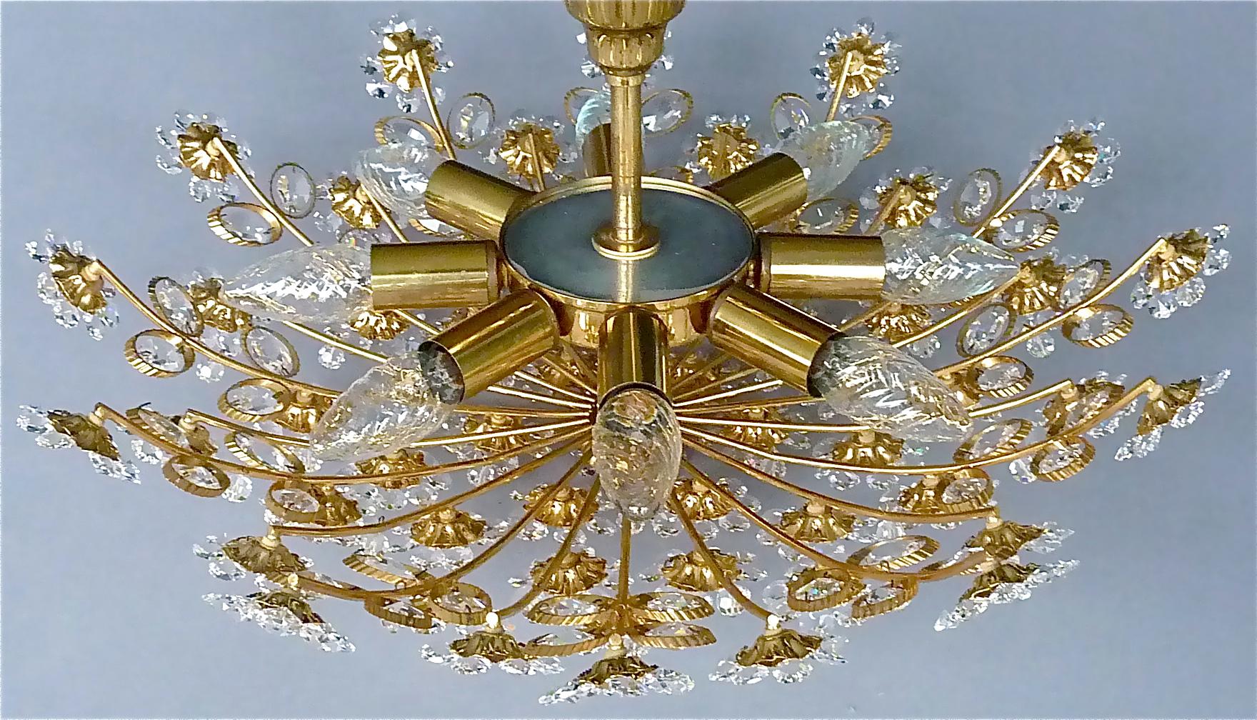 Large Palwa Flushmount Chandelier Gilt Brass Flower Bouquet Crystal Glass, 1960s For Sale 4