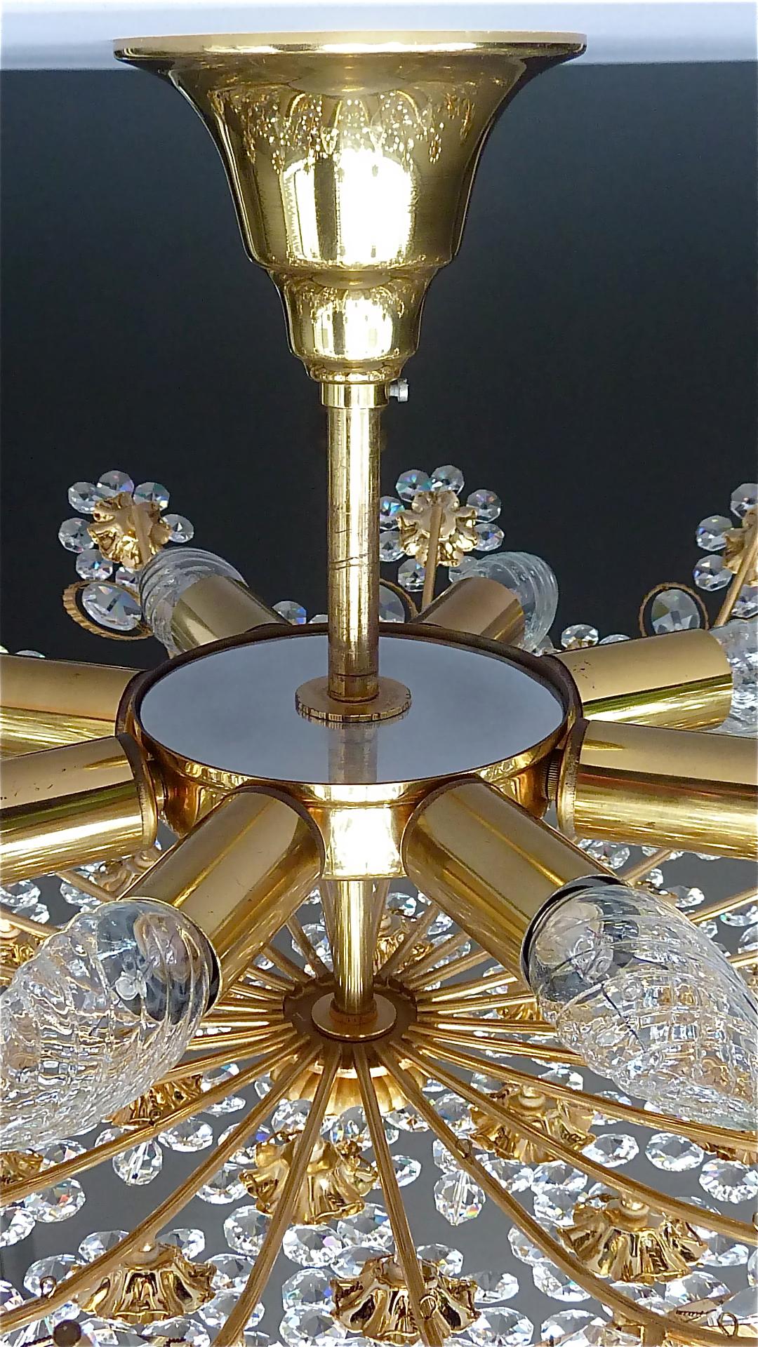 Large Palwa Flush Mount Chandelier Gilt Brass Flower Bouquet Crystal Glass 1960s 4