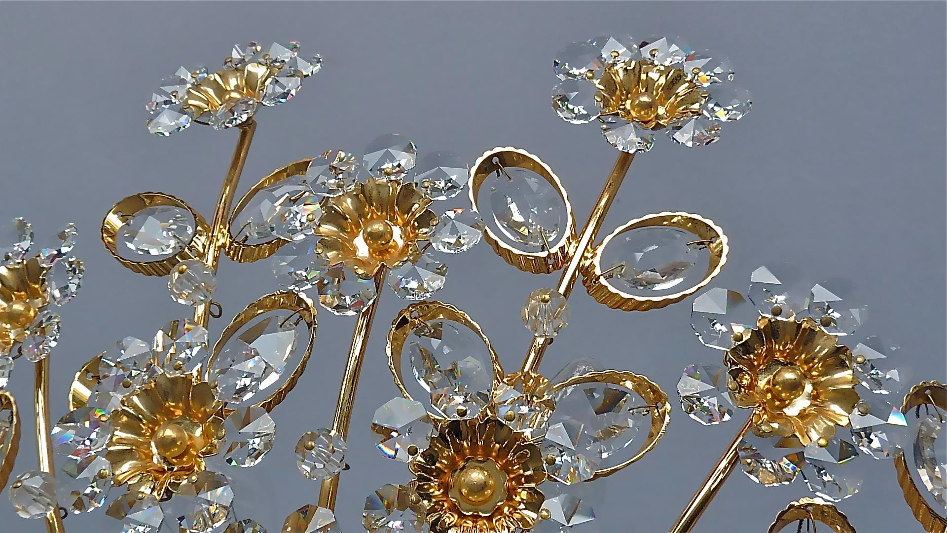 Large Palwa Flush Mount Chandelier Gilt Brass Flower Bouquet Crystal Glass 1960s 8