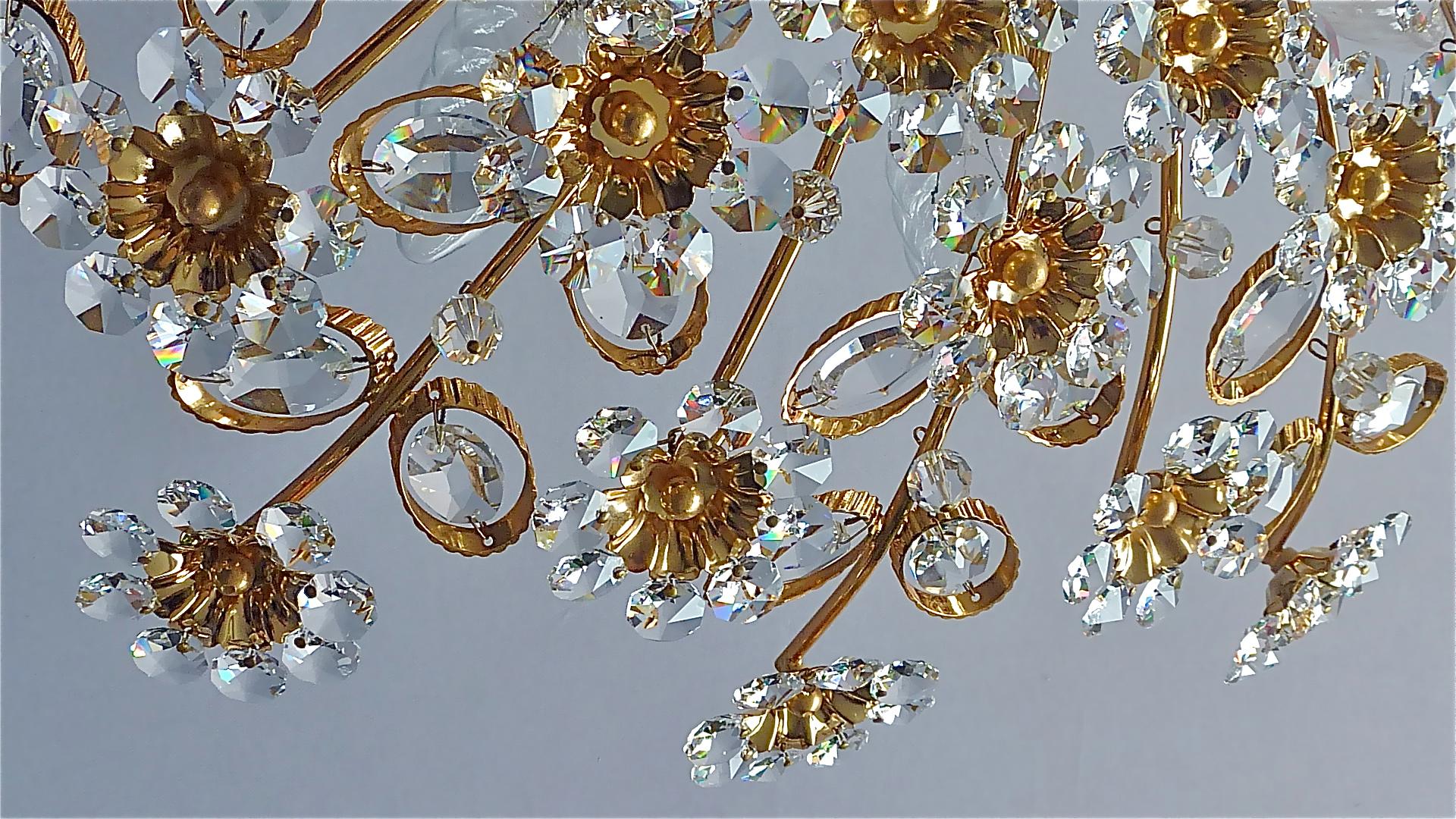 Large Palwa Flushmount Chandelier Gilt Brass Flower Bouquet Crystal Glass, 1960s For Sale 10