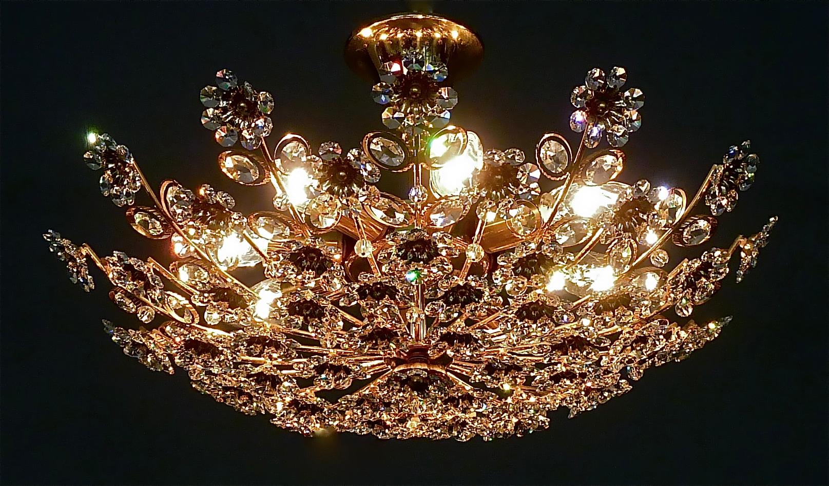 Large Palwa Flush Mount Chandelier Gilt Brass Flower Bouquet Crystal Glass 1960s 12