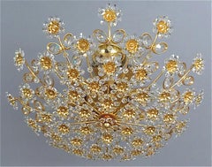 Large Palwa Flushmount Chandelier Gilt Brass Flower Bouquet Crystal Glass, 1960s