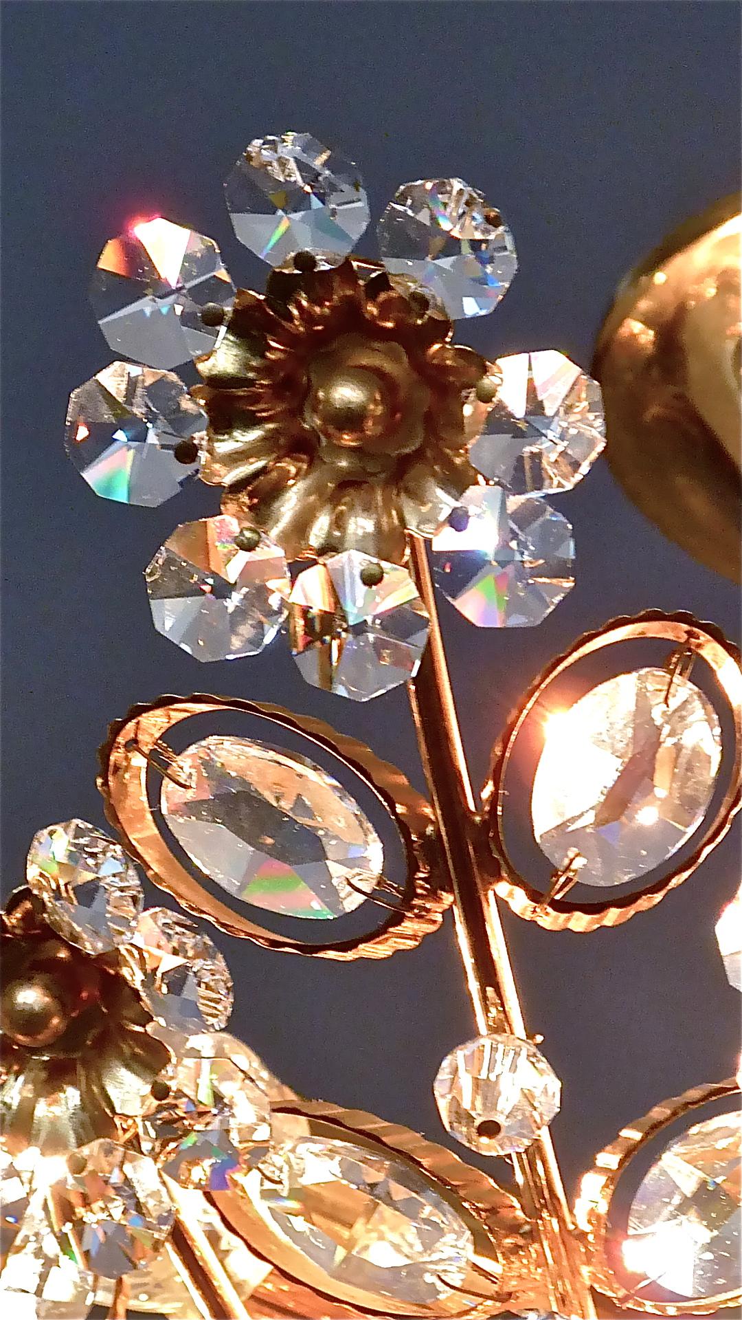 Large Palwa Flush Mount Chandelier Gilt Brass Flower Bouquet Crystal Glass 1960s 13