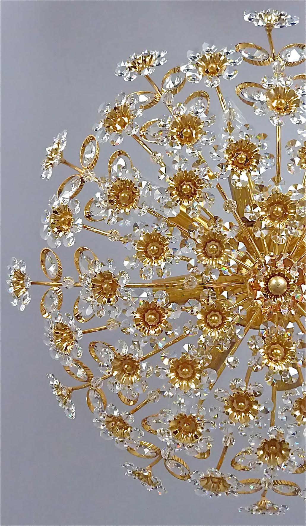 Mid-Century Modern Large Palwa Flushmount Chandelier Gilt Brass Flower Bouquet Crystal Glass, 1960s For Sale