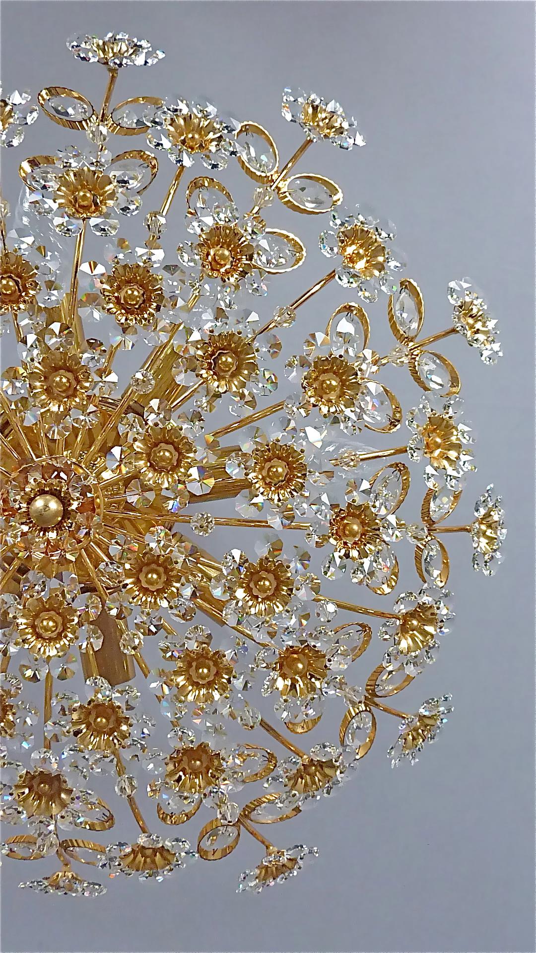 German Large Palwa Flush Mount Chandelier Gilt Brass Flower Bouquet Crystal Glass 1960s