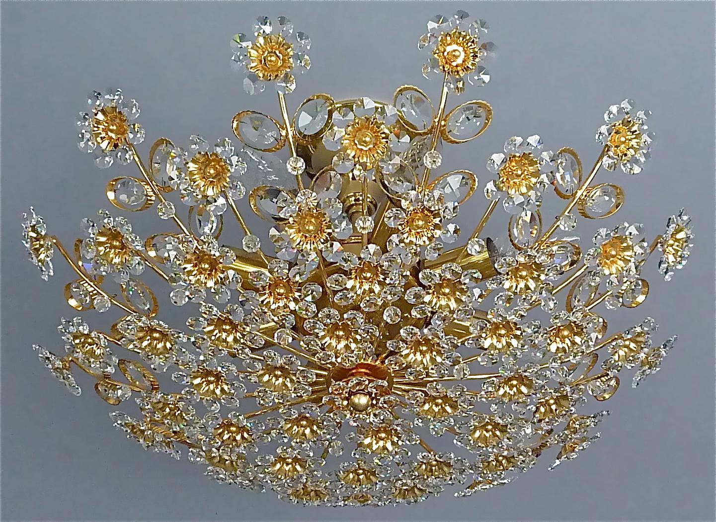 Faceted Large Palwa Flush Mount Chandelier Gilt Brass Flower Bouquet Crystal Glass 1960s