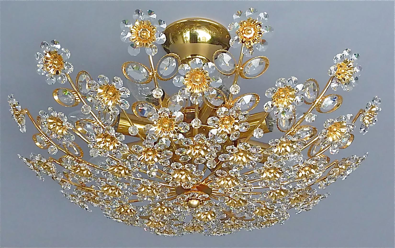 Large Palwa Flush Mount Chandelier Gilt Brass Flower Bouquet Crystal Glass 1960s In Good Condition In Nierstein am Rhein, DE