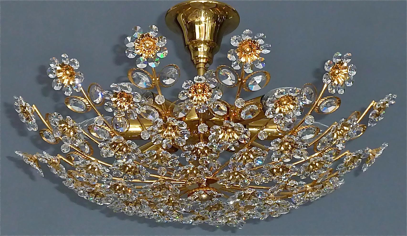 Large Palwa Flush Mount Chandelier Gilt Brass Flower Bouquet Crystal Glass 1960s 1