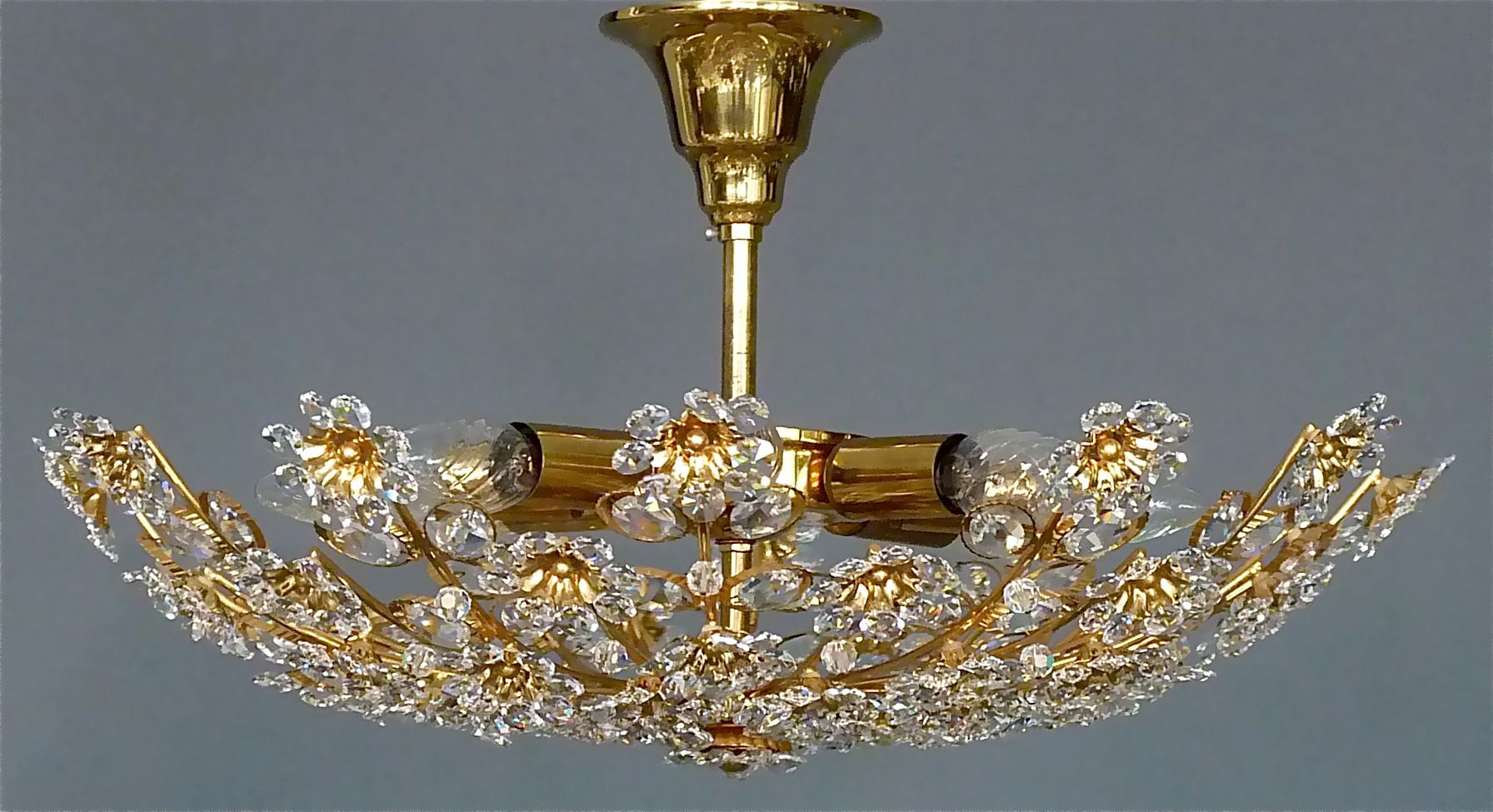 Large Palwa Flushmount Chandelier Gilt Brass Flower Bouquet Crystal Glass, 1960s For Sale 3