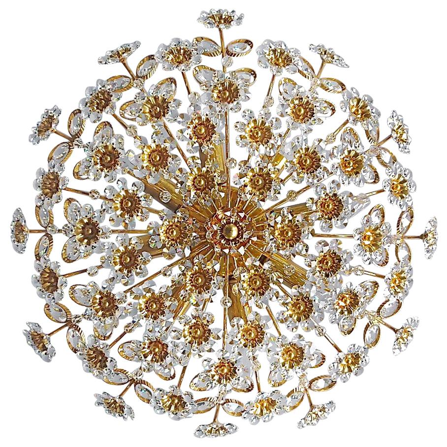 Large Palwa Flushmount Chandelier Gilt Brass Flower Bouquet Crystal Glass, 1960s