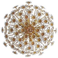 Vintage Large Palwa Flushmount Chandelier Gilt Brass Flower Bouquet Crystal Glass, 1960s