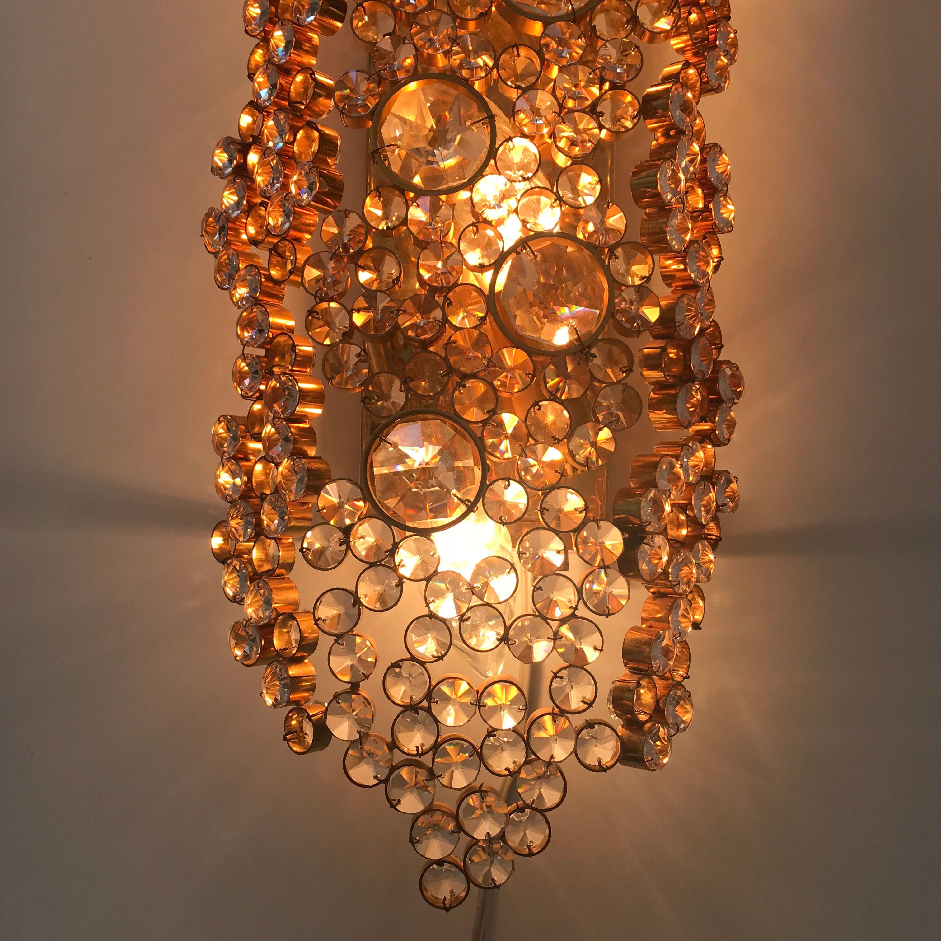 Large Palwa Gilt Brass Facet Cut Crystal Glass Wall Lamp Sconce, 1970s, Germany 4