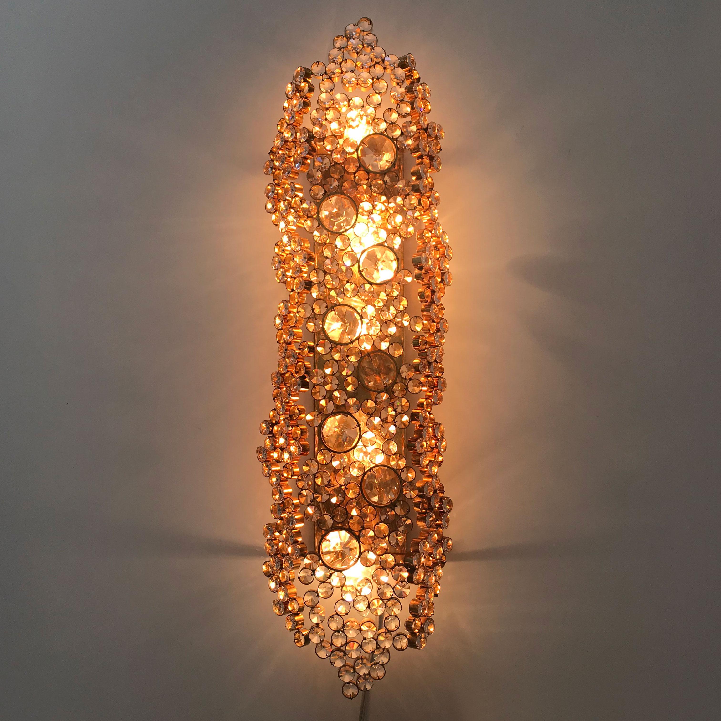Large Palwa Gilt Brass Facet Cut Crystal Glass Wall Lamp Sconce, 1970s, Germany 5