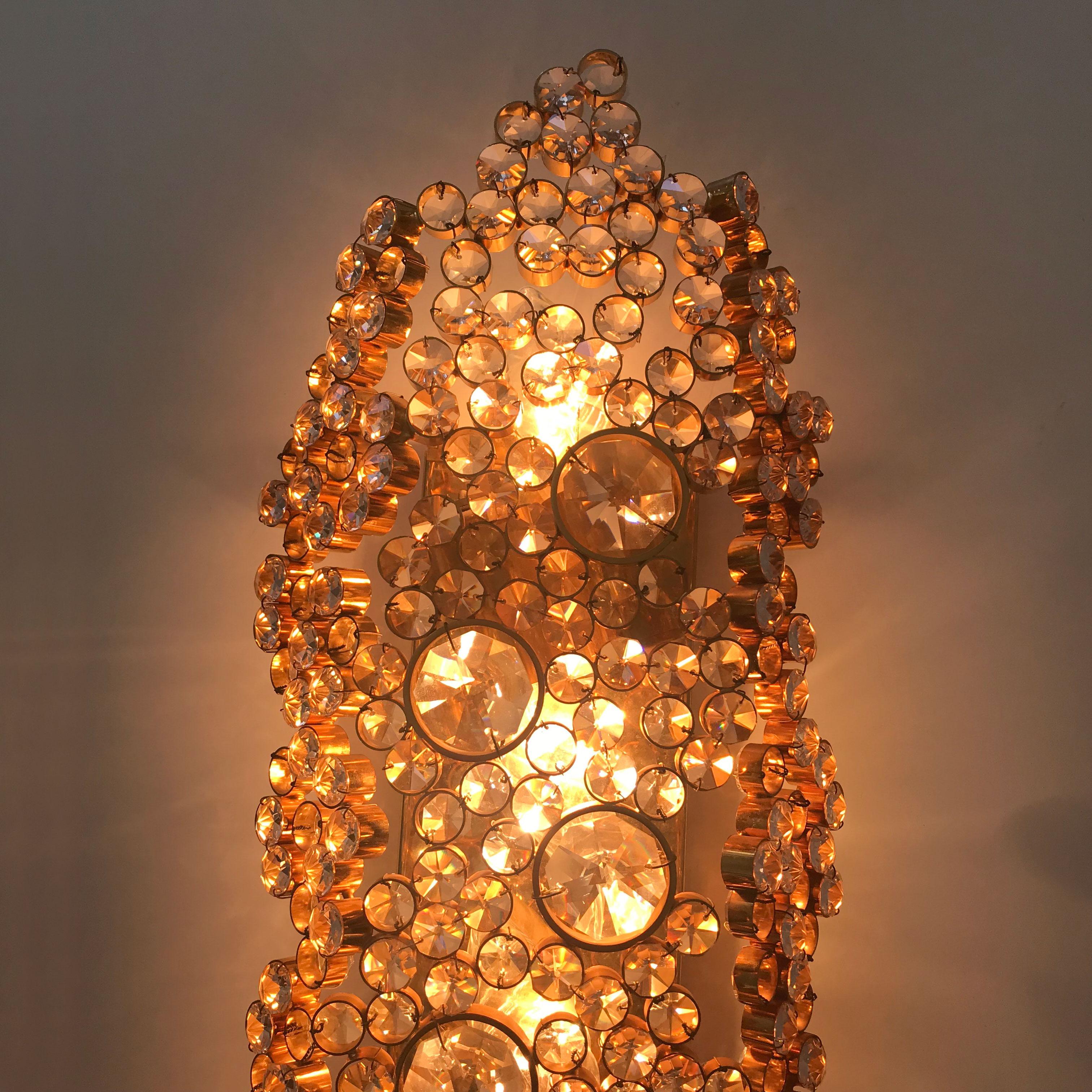 Late 20th Century Large Palwa Gilt Brass Facet Cut Crystal Glass Wall Lamp Sconce, 1970s, Germany