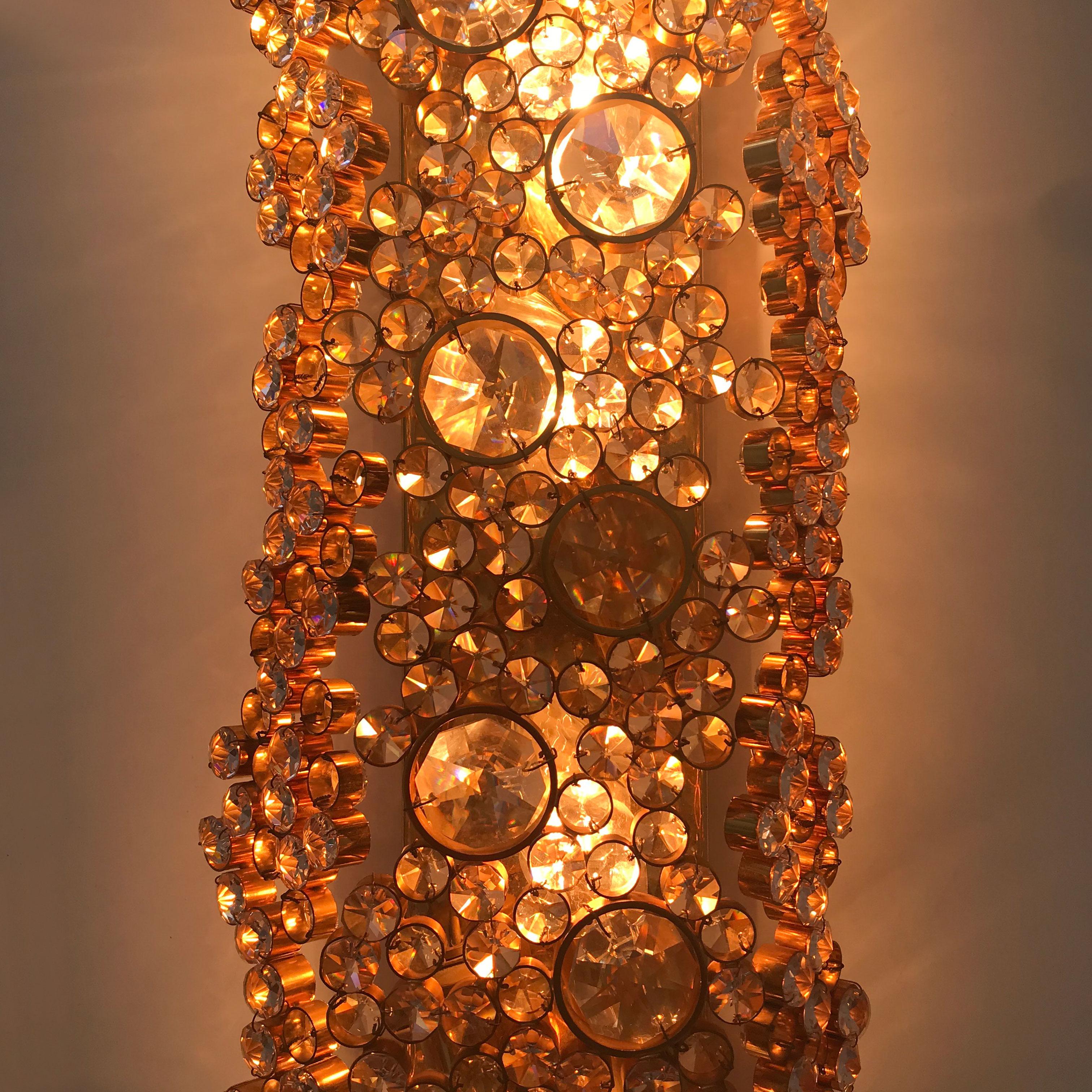 Large Palwa Gilt Brass Facet Cut Crystal Glass Wall Lamp Sconce, 1970s, Germany 2