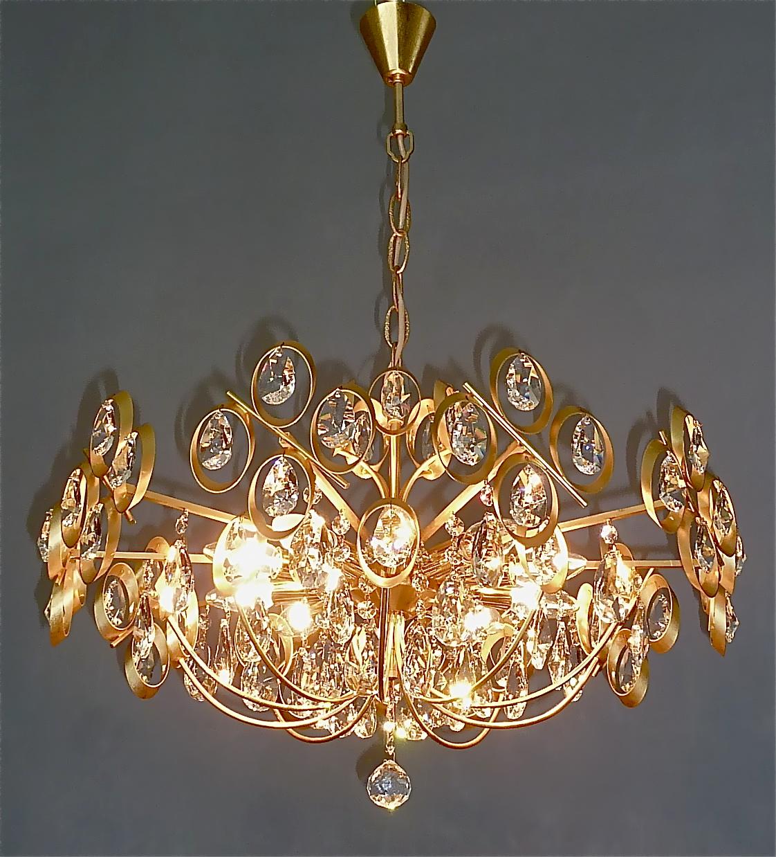 Large Palwa Gilt Brass Faceted Crystal Glass Sputnik Chandelier Palme 1960s For Sale 14