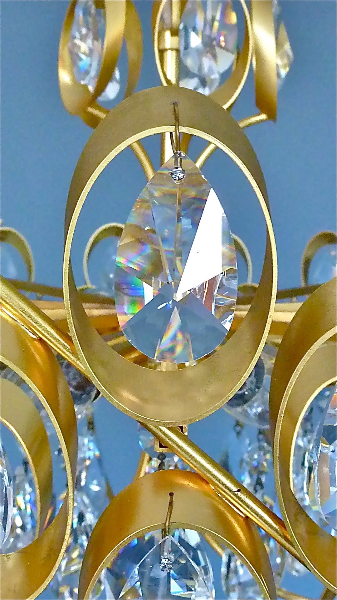 German Large Palwa Gilt Brass Faceted Crystal Glass Sputnik Chandelier Palme 1960s For Sale