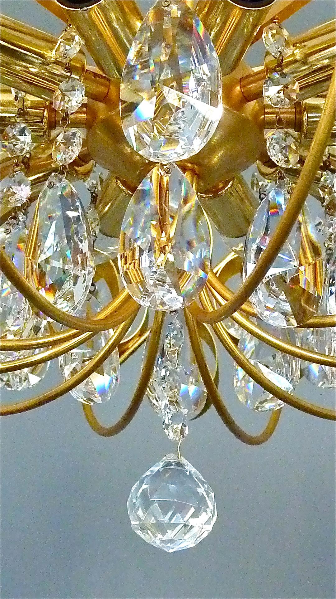 Mid-20th Century Large Palwa Gilt Brass Faceted Crystal Glass Sputnik Chandelier Palme 1960s For Sale