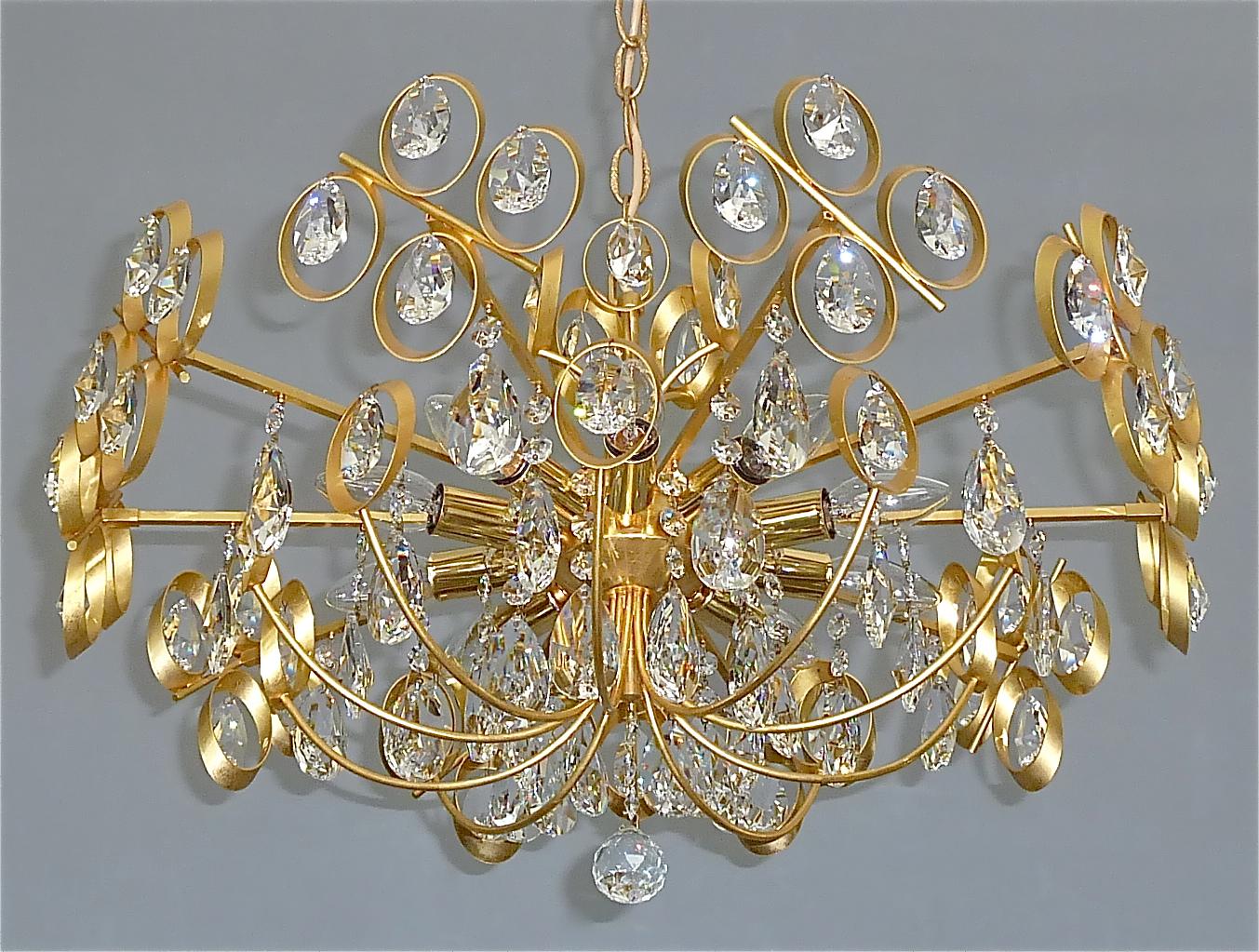 Large Palwa Gilt Brass Faceted Crystal Glass Sputnik Chandelier Palme 1960s For Sale 3