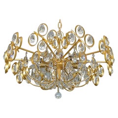 Large Palwa Gilt Brass Faceted Crystal Glass Sputnik Chandelier Palme 1960s