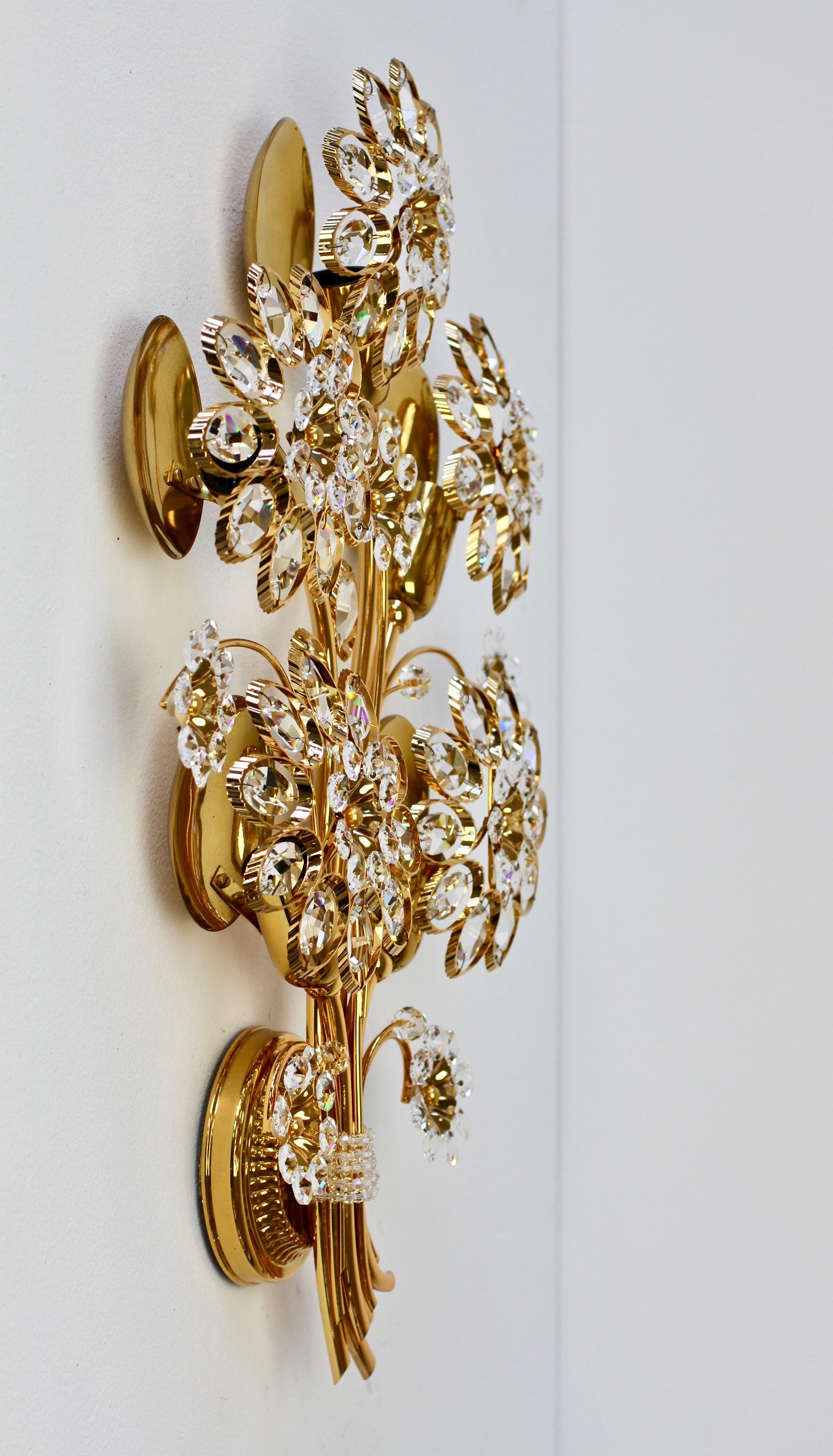 20th Century Large Palwa Midcentury Flower Crystal and Gilt Brass Wall Light Sconce or Lamp