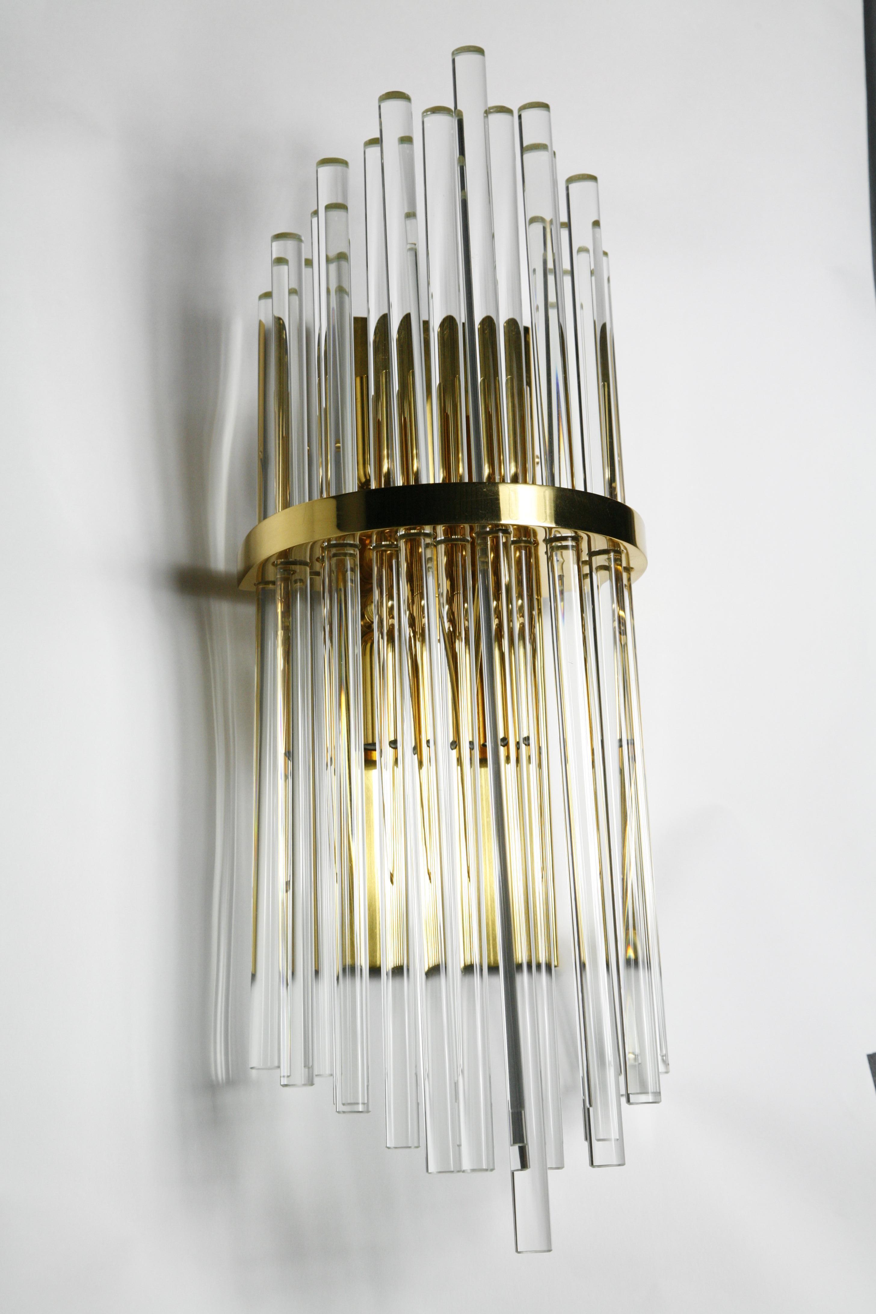 Palwa sconces by Christoph Palme, 1980, Germany
Pair of brass sconces with four European candelabra sockets the shade consist of 17 thick Swarovski crystal rods.
Frames 24-karat gilt in excellent condition, all glass rods are in excellent