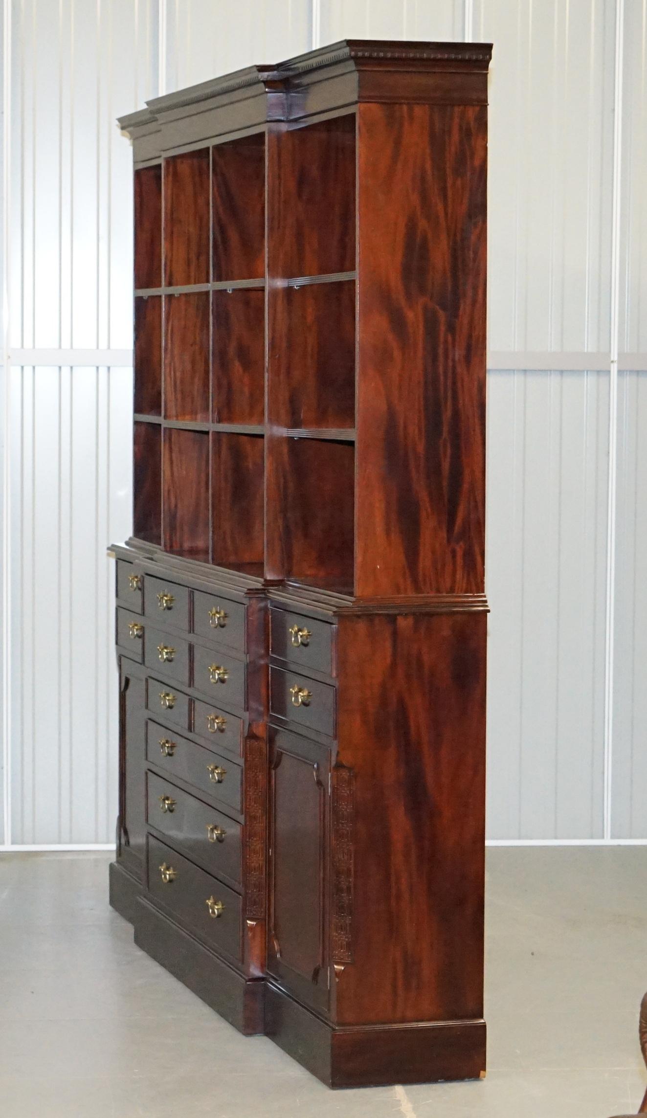 Large Panelled Hardwood Chippendale Style Library Bureau Bookcase with Drawers 6