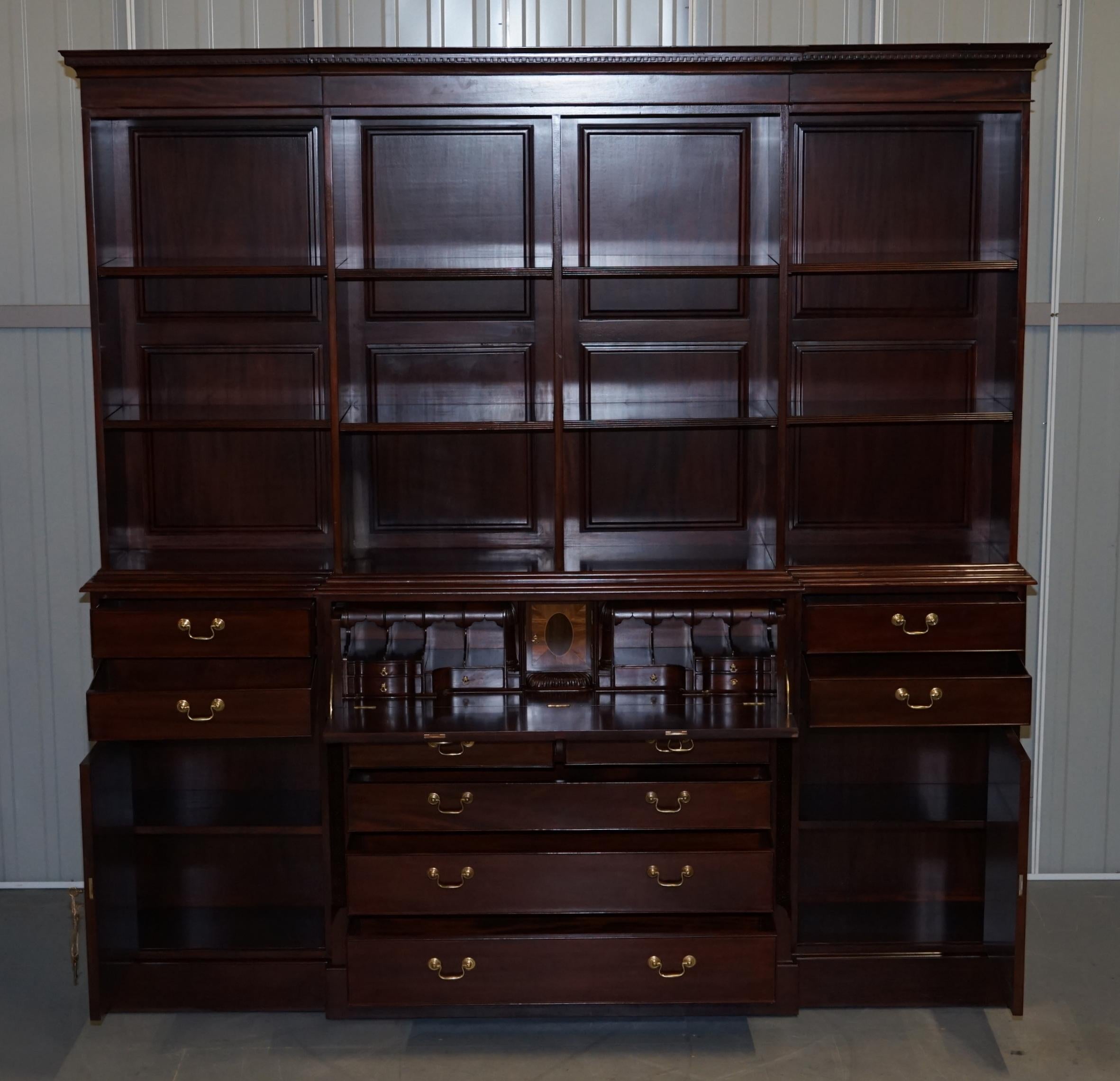Large Panelled Hardwood Chippendale Style Library Bureau Bookcase with Drawers 7